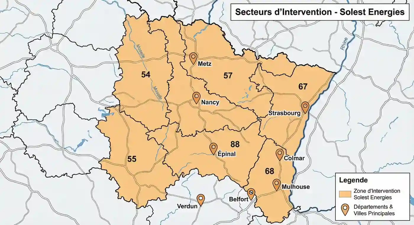 Carte des zones d'intervention Solest Energies Alsace Grand Est