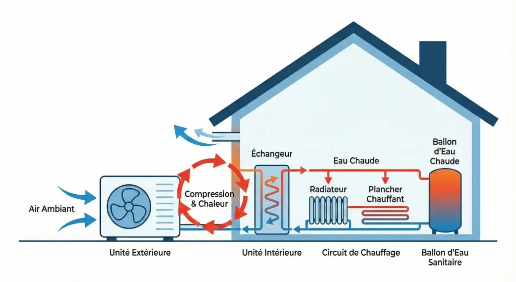 Schema de fonctionnement d'une installation pompe a chaleur air-eau pour radiateurs et plancher chauffant - solest energies - entzheim