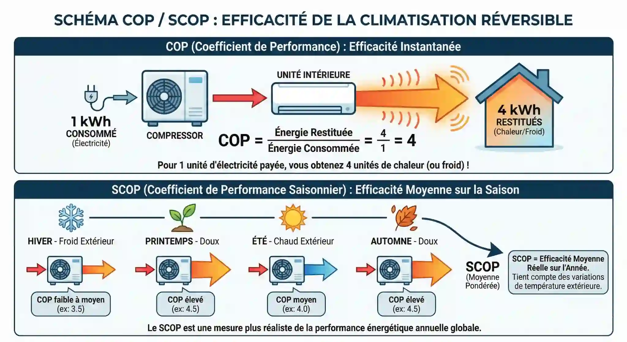 schema COP installation climatisation reversible 1 kWh consomme 4 kWh restitues - solest energies - strasbourg