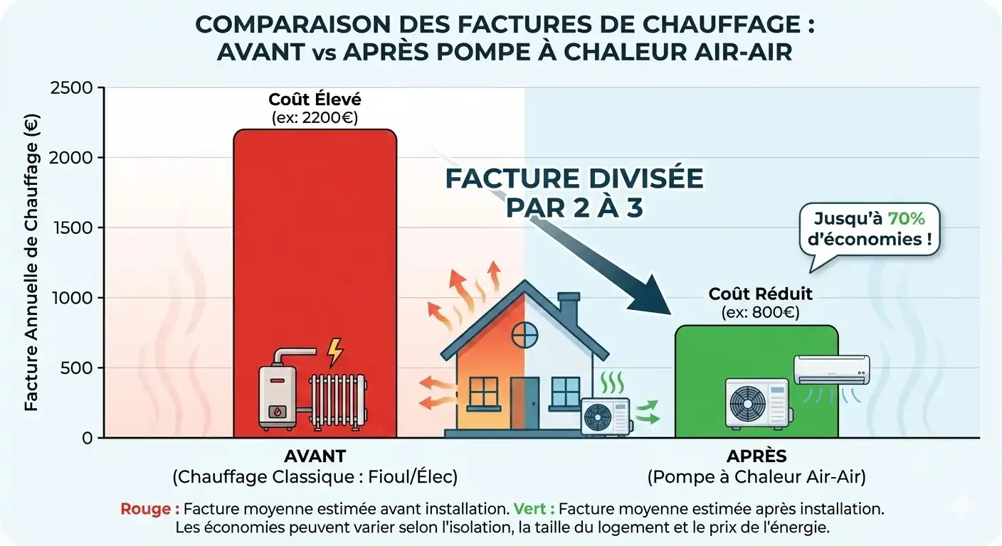 comparaison facture chauffage avant après installation climatisation réversible PAC air-air - solest energies - grand-est