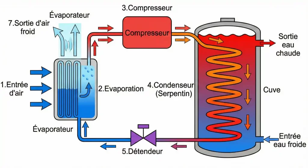 Schema de fonctionnement d'un chauffe-eau thermodynamique - principe de la pompe a chaleur pour eau chaude - solest energies - alsace