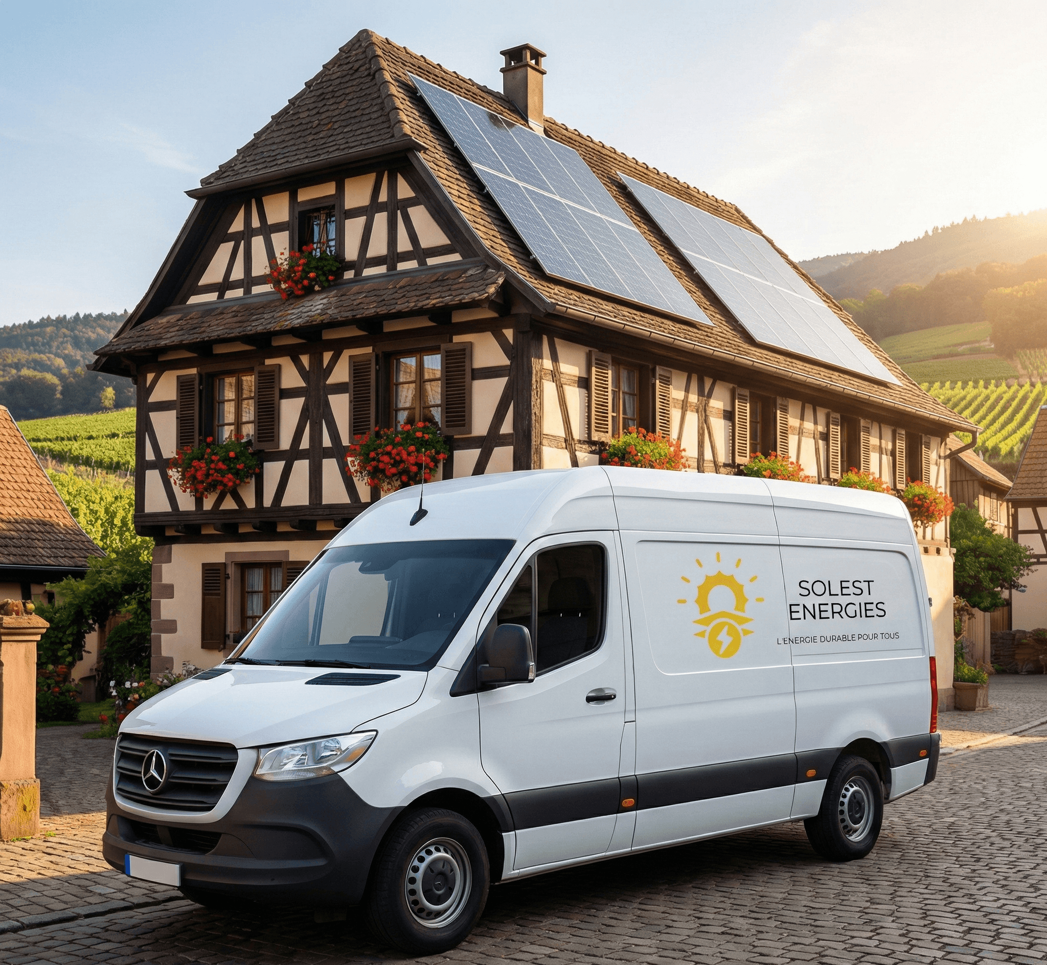Camionette SOLEST ENERGIES devant maison alsacienne avec panneaux photovoltaïques à truchtersheim