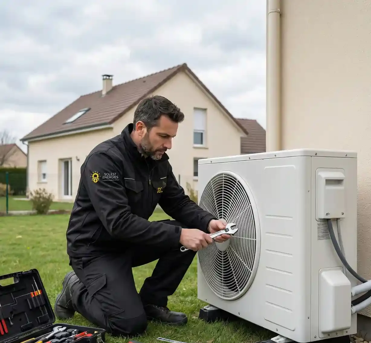 Technicien certifié RGE Solest Energies installant une pompe à chaleur air-eau chez un particulier dans le Bas-Rhin - Intervention professionnelle en Alsace