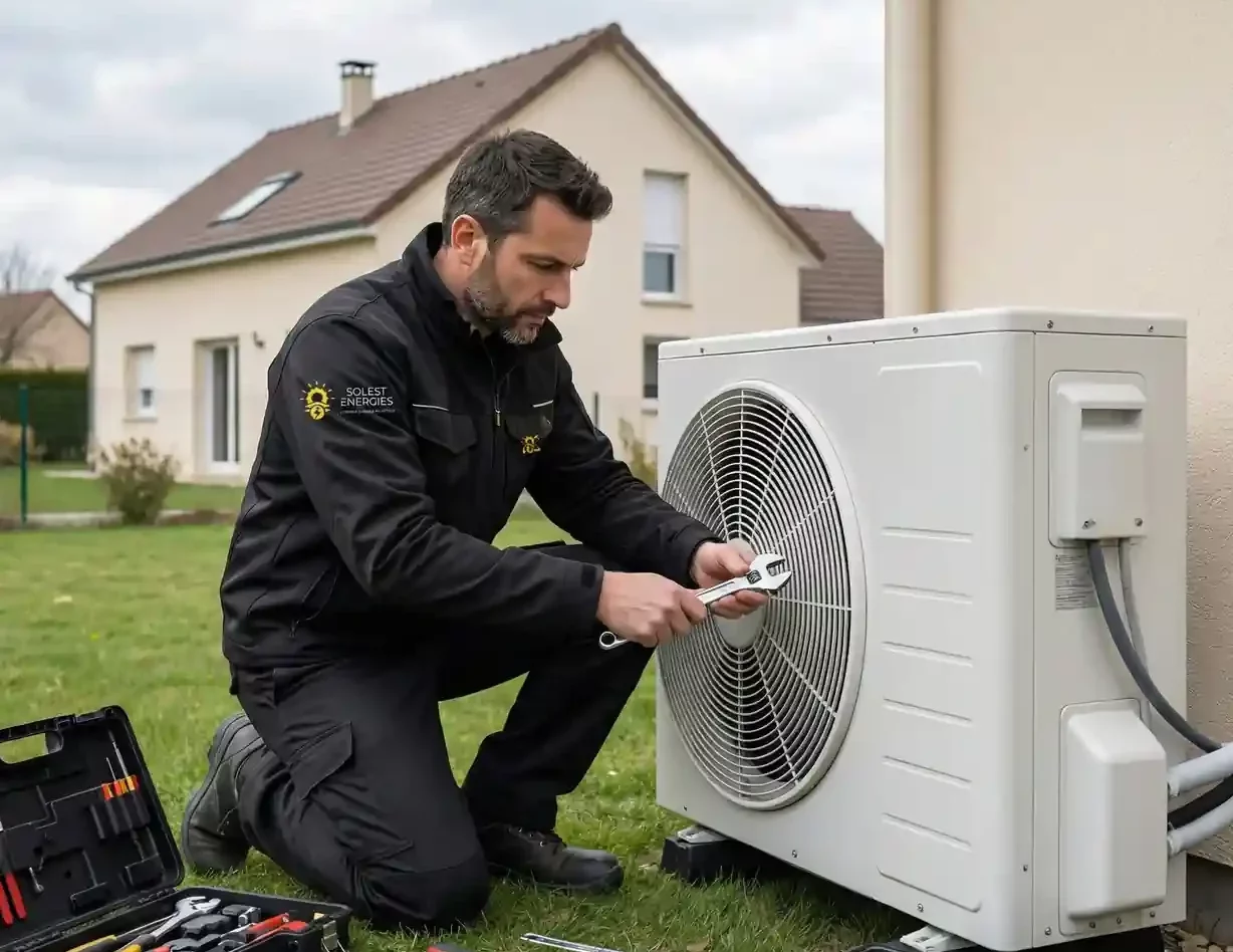 Technicien certifié RGE Solest Energies installant une pompe à chaleur en Alsace