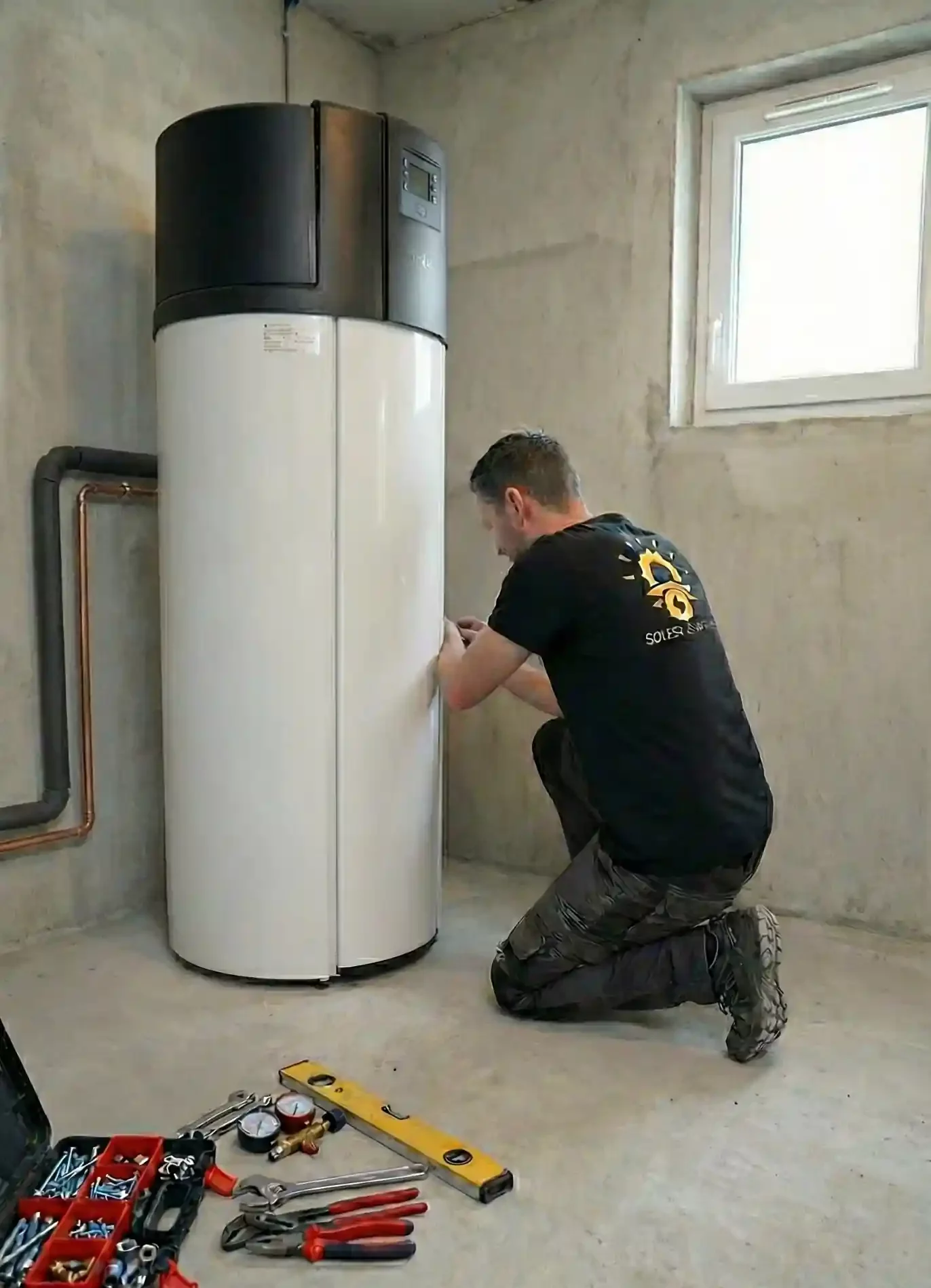 Technicien Solest Energies qui installe un chauffe-eau thermodynamique à Brumath