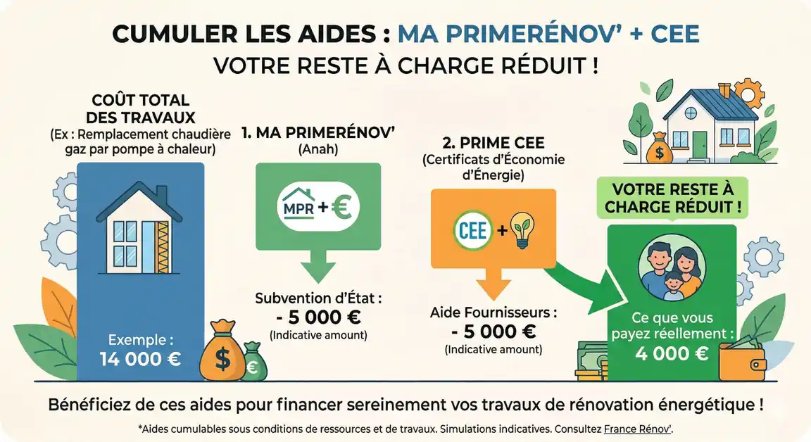 Tableau des aides rénovation énergétique 2026 cumul MaPrimeRénov et primes CEE pour remplacement chaudière gaz par PAC.