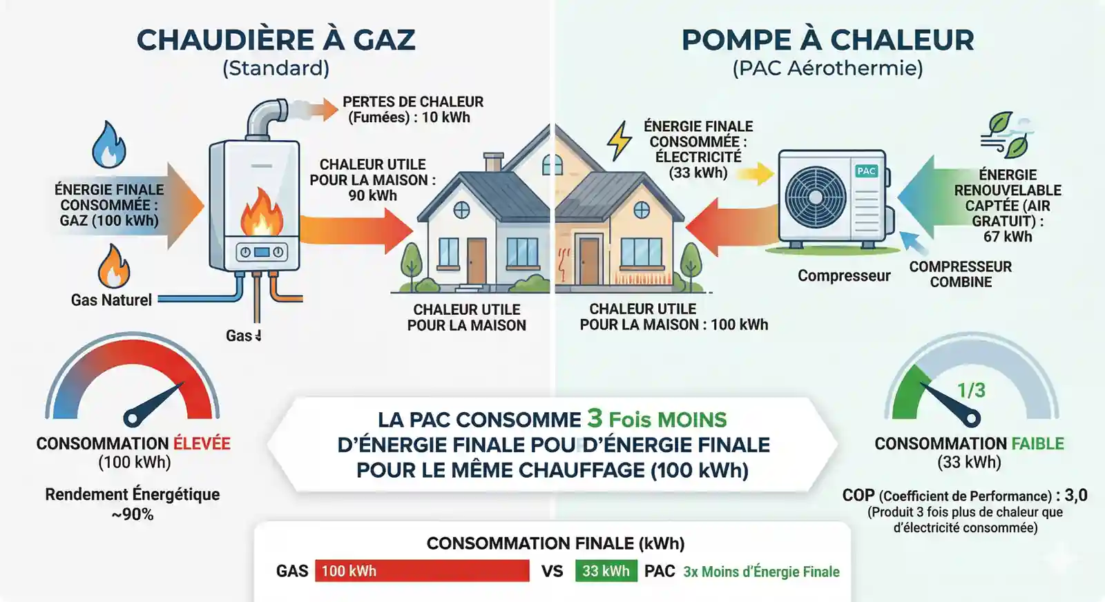 Schéma comparatif efficacité énergétique pompe à chaleur air-eau COP 3 versus chaudière gaz condensation pour maison en Alsace.