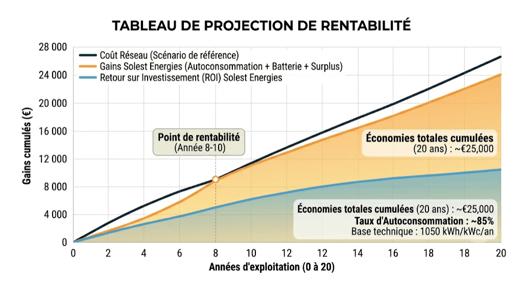 Graphique de rentabilité panneaux photovoltaïques en Alsace sur 20 ans — économies cumulées et retour sur investissement SOLEST ÉNERGIES