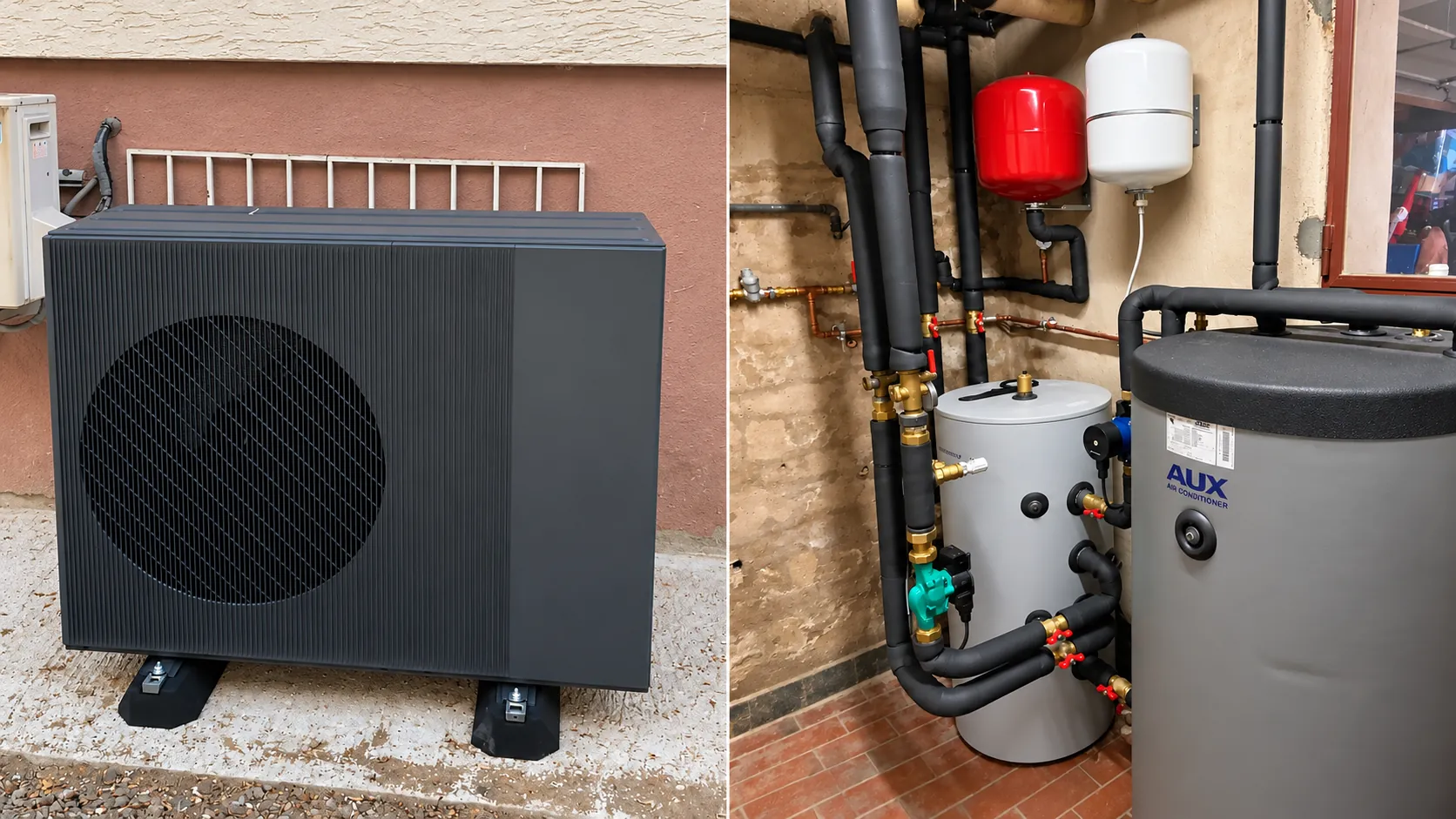 Pompe à chaleur air-eau R290 AUX France installée à Fegersheim par Solest Énergies — unité extérieure et nouvelle chaufferie